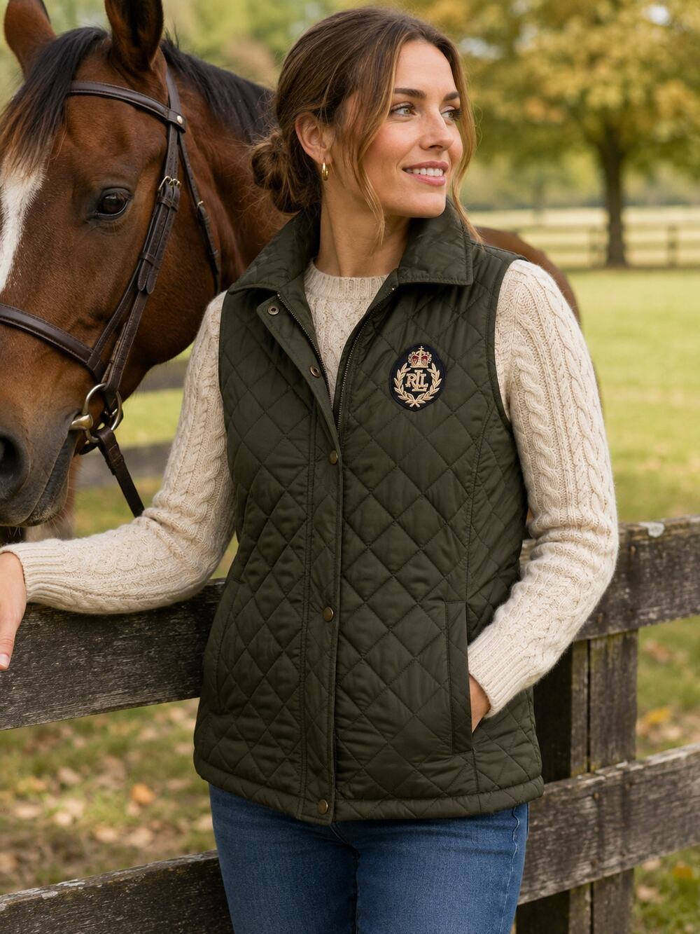 Lauren Ralph Lauren Women's Quilted Vest Crest Equestrian Diamond Green Size L
